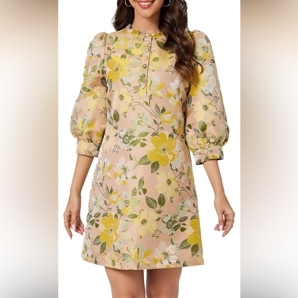 Yellow Floral Puff Sleeve Shift Dress